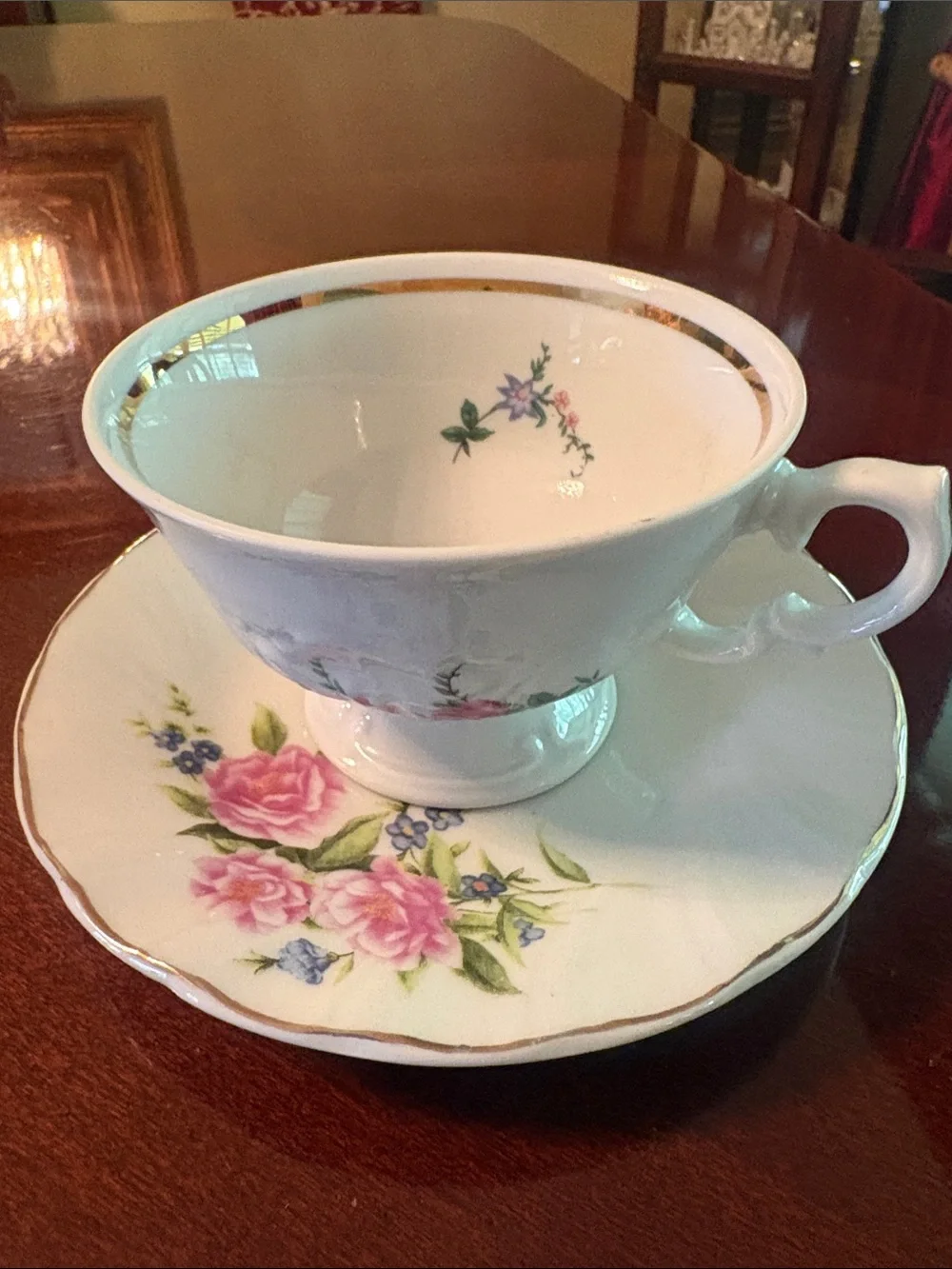 Delicate‎ Pink Floral Porcelain Teacup and Saucer with Gold Trim